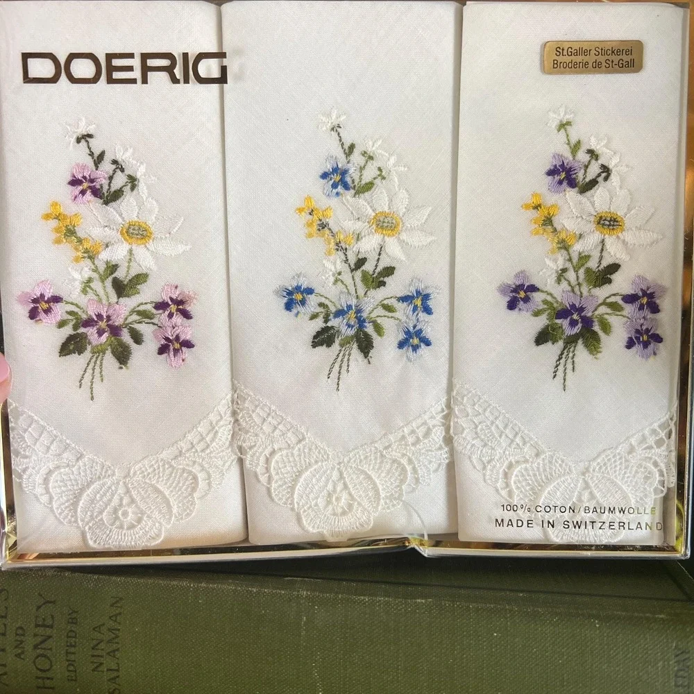 Doerig Swiss Embroidered Handkerchief Set St Gallen Cotton Floral Boxed